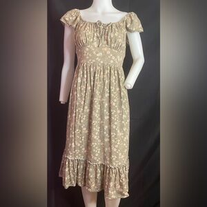 Floral Sage Puff-Sleeve Midi Dress Arizona jeans co sz M tie in front